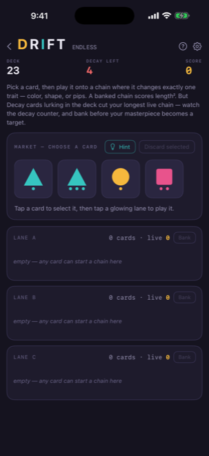 DRIFT — Gameplay: the market of cards above three chain lanes