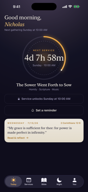 True Sunday — Today screen: a countdown to Sunday's service, with the daily verse below